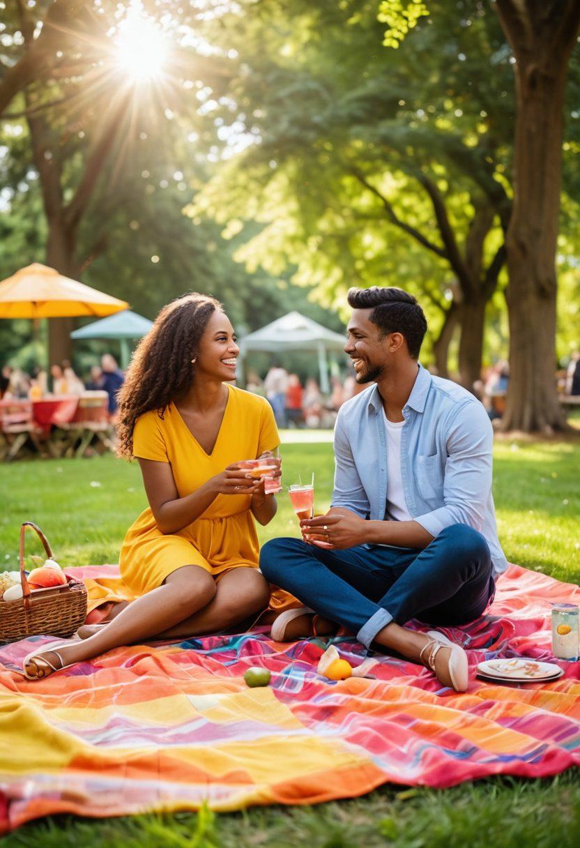 A heartwarming scene of diverse couples and friends enjoying a picnic in a sunlit park, sharing laughter and support, with trees in the background and a blanket full of delicious food. Each pair is engaging in different activities like playing games, sharing stories, and toasting with drinks, symbolizing strong partnerships. Bright colors and a vibrant atmosphere capture the essence of nurturing relationships. super-realistic. vibrant colors. soft focus.