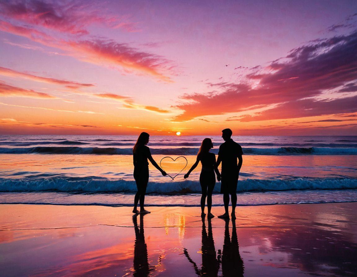 A couple standing hand in hand on a sunset-drenched beach, their silhouettes forming a heart shape against the vibrant colors of the sky. Surround them with soft glowing orbs symbolizing the bonds of commitment. Include a gentle wave lapping at their feet, representing the flow of time in romance. Dreamy atmosphere with warm hues of orange, pink, and purple reflecting on the water. super-realistic. vibrant colors. 3D.