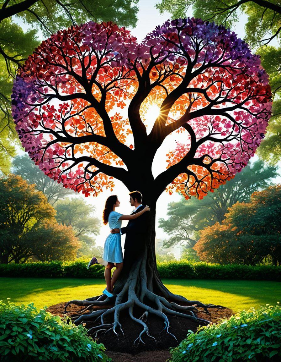 A heart-shaped tree with roots intertwining, symbolizing the foundation of love and partnership. Surround it with diverse couples holding hands, laughing, and sharing moments in a vibrant garden filled with blossoming flowers. Incorporate soft, warm colors to evoke a sense of intimacy and nurturing. Soft sunlight filtering through branches to create a dreamy atmosphere. super-realistic. vibrant colors.